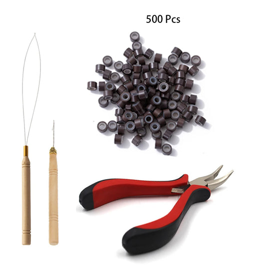 Hair Extensions Beads Tools Kit Extensions Micro Pulling Needle, Loop Threader and 500 Pieces Silicone Lined Micro Rings