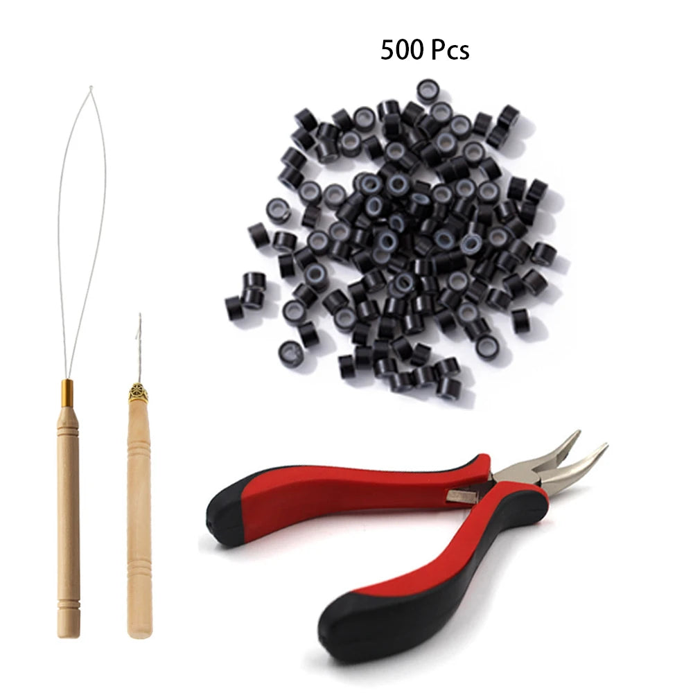 Hair Extensions Beads Tools Kit Extensions Micro Pulling Needle, Loop Threader and 500 Pieces Silicone Lined Micro Rings