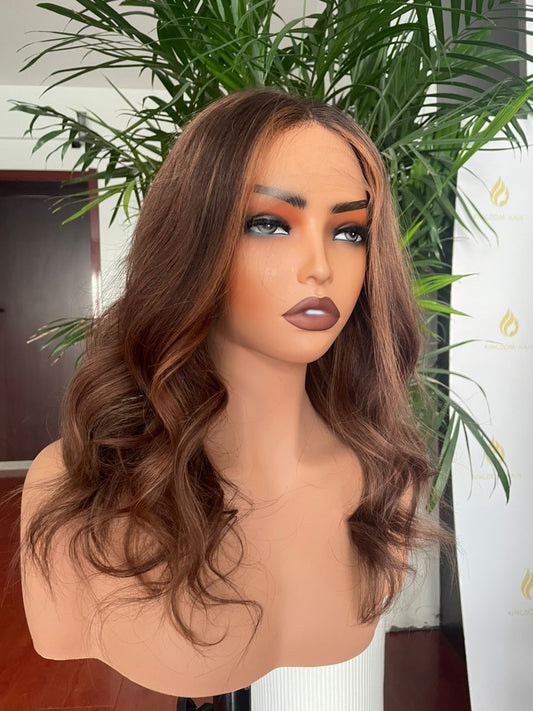 Chocolate Brown Human Hair Wig with Caramel Highlights – 100% Real Hair, 180% Density, HD Lace