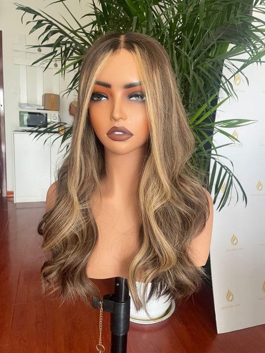 Balayage Lace Wig: Long Wavy Blonde Brown Human Hair