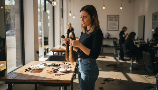 Woman choosing between hair extension samples