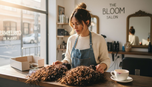 Stylist inspecting Indian hair extensions at salon