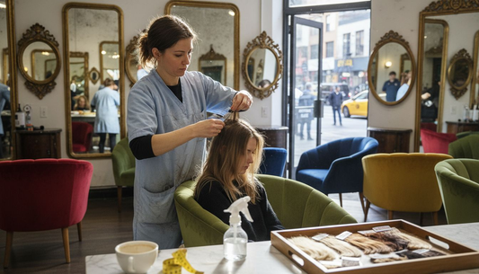 Stylist attaching human hair extensions in salon
