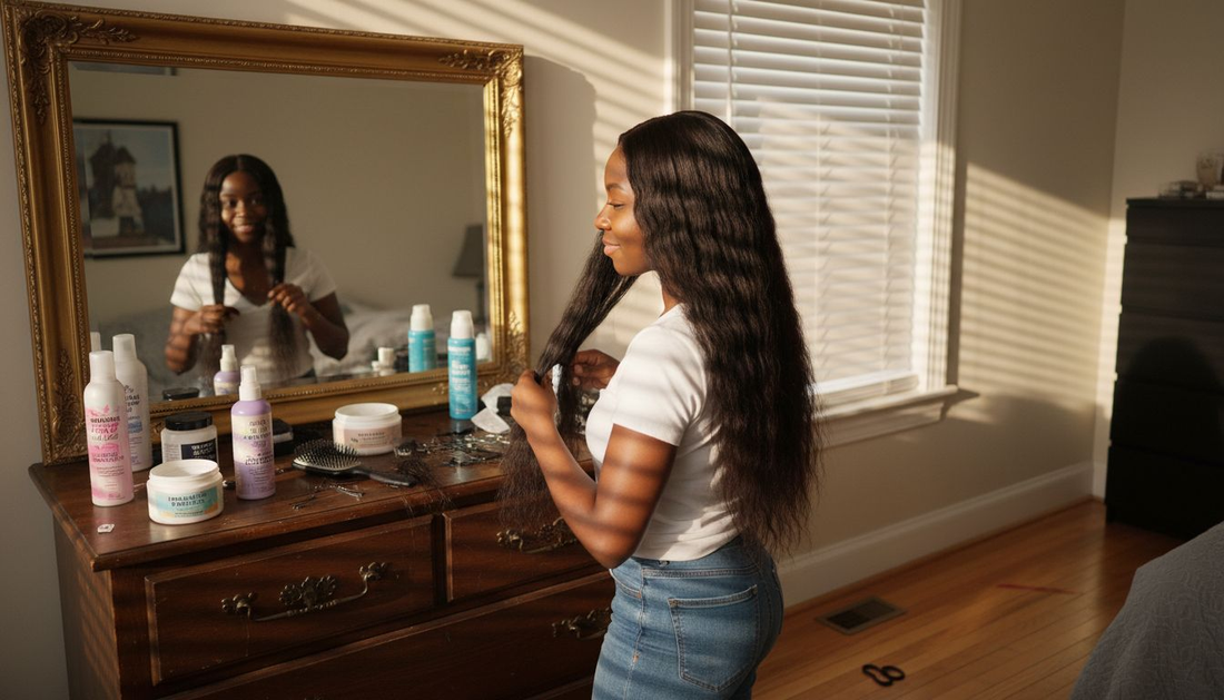 Woman finger combing virgin hair in sunlit bedroom