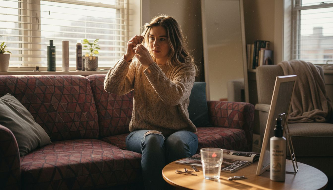Woman styling hair extensions in apartment