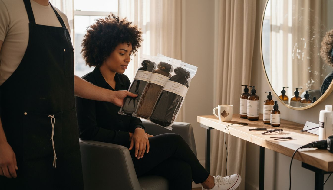 Woman consults stylist about hair bundles