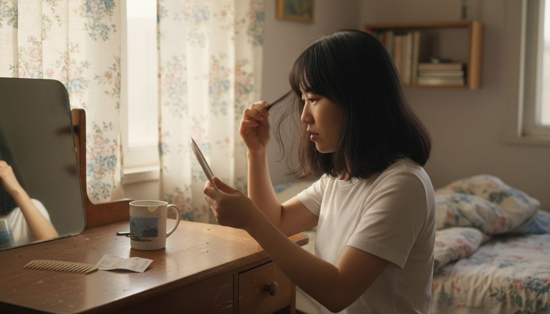 Young woman with untouched virgin hair at vanity