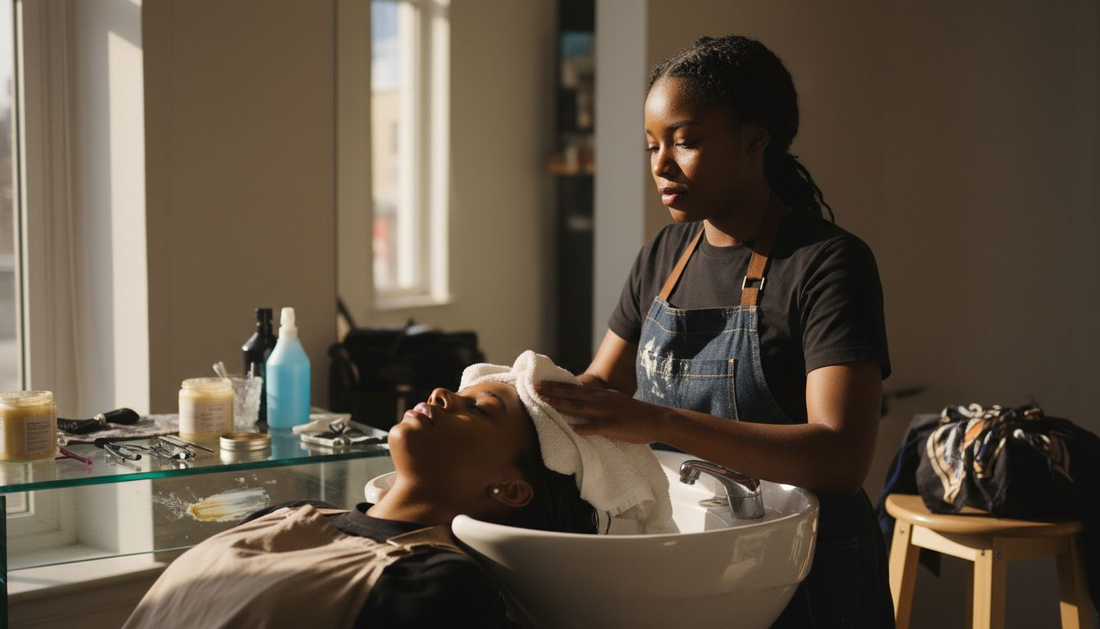 Stylist drying natural raw Indian hair in salon