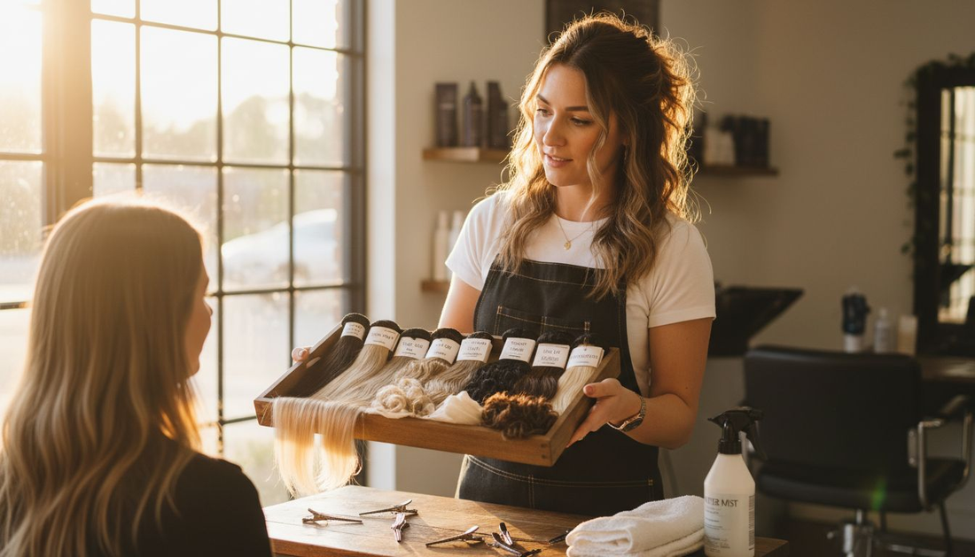 Hairstylist showing different hair extension types