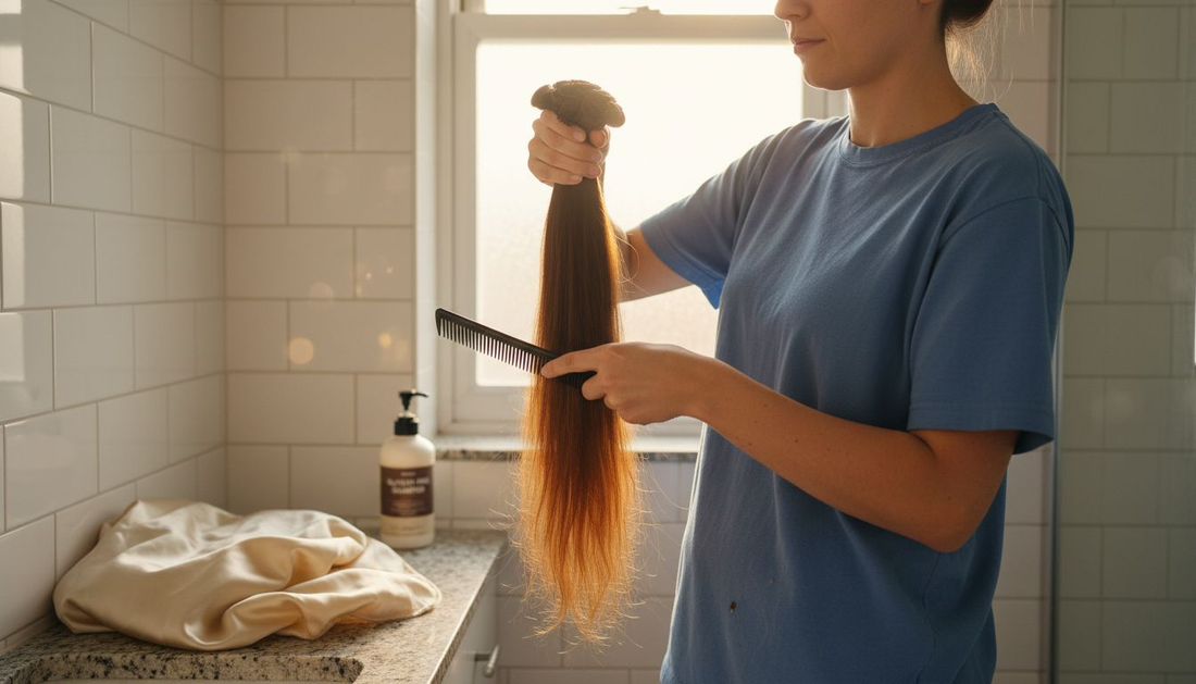 Woman gently combing virgin hair bundle