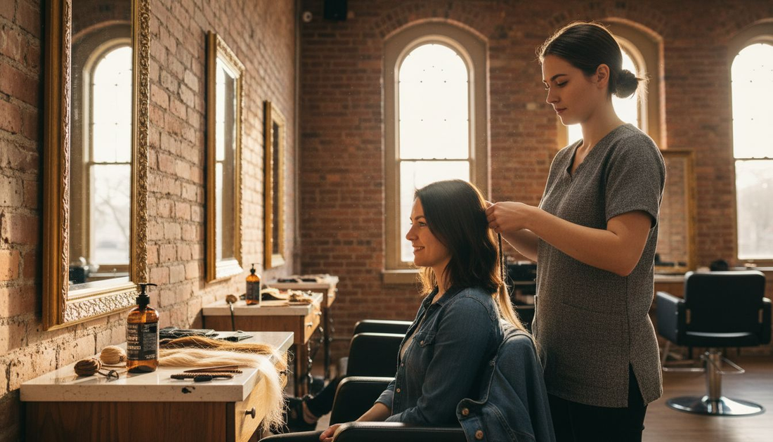 Stylist applying virgin hair extensions in salon
