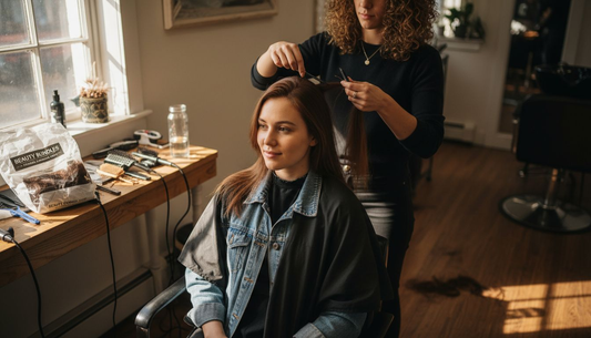 Woman gets natural hair extensions in salon