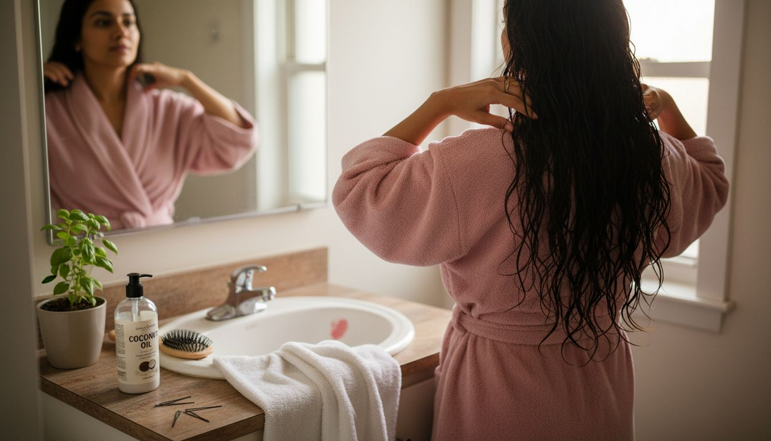 Woman inspecting luxurious Indian hair extensions