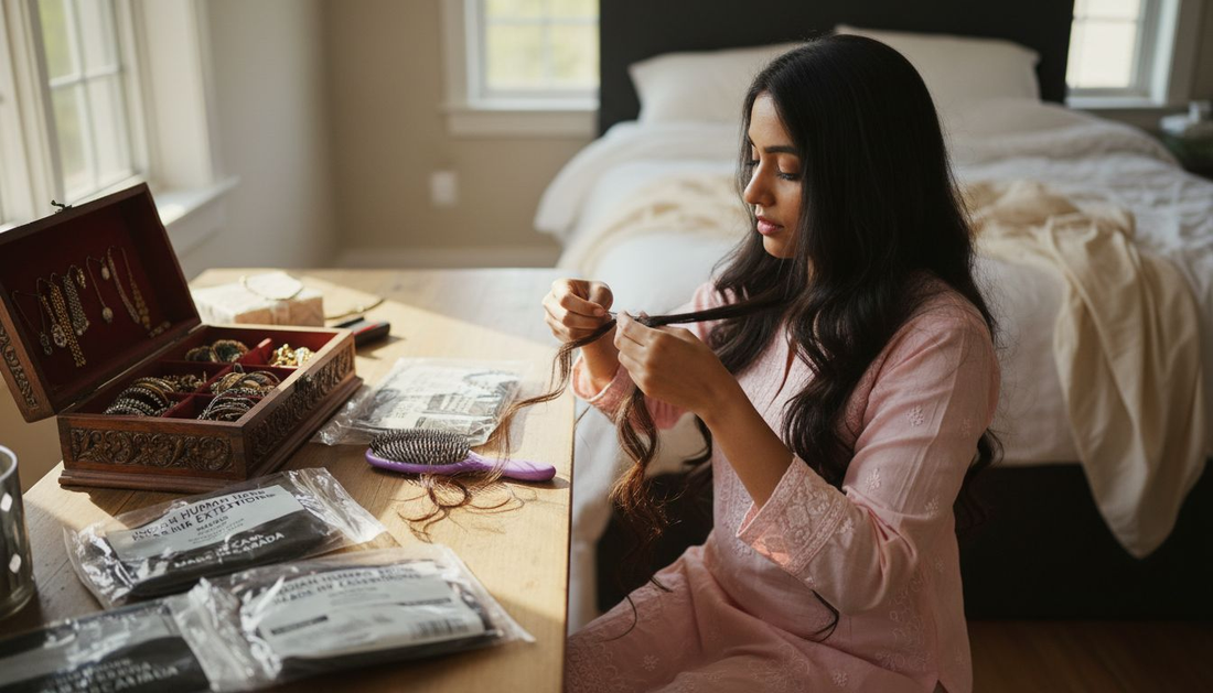 Woman applying Indian hair extensions at home