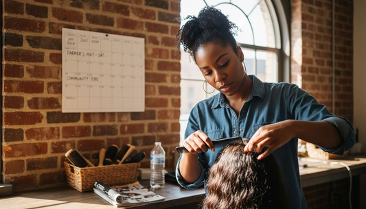 Stylist combing virgin hair extensions in salon