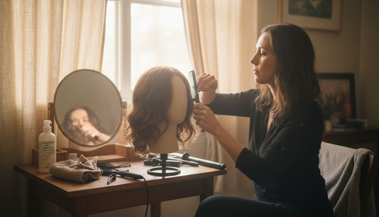 Woman prepping human hair wig at vanity