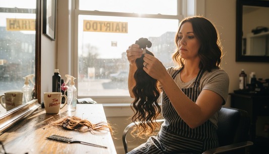Hairstylist examining raw hair extensions