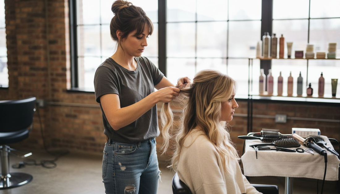 Hairstylist applying real hair extensions