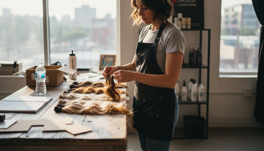 Hair specialist inspecting unprocessed hair bundles