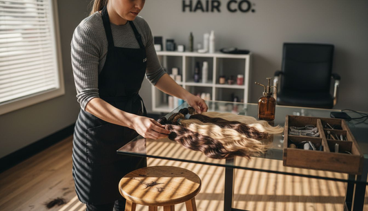 Stylist handling raw hair extensions in salon
