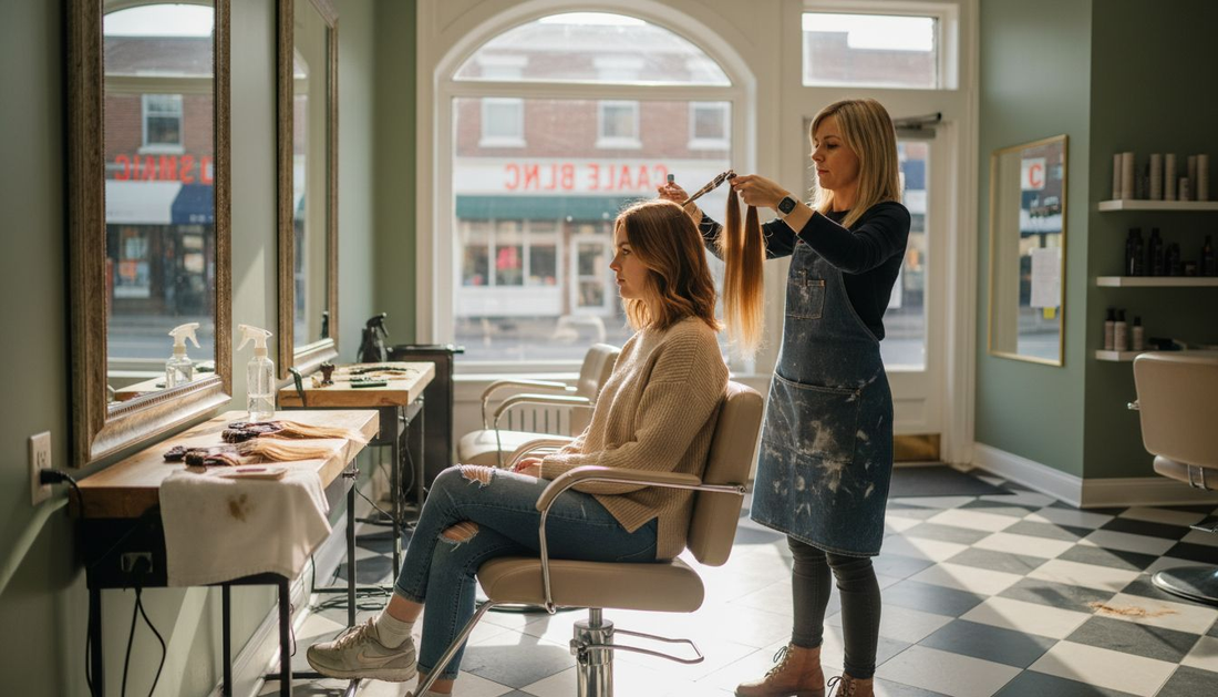 Woman getting natural hair extensions in salon