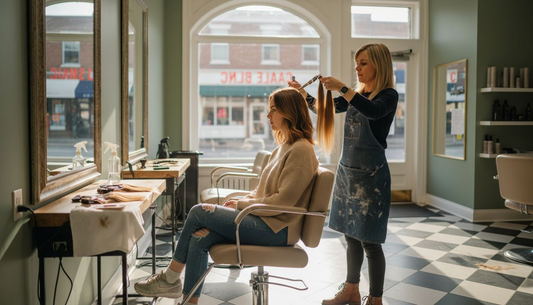 Woman getting natural hair extensions in salon