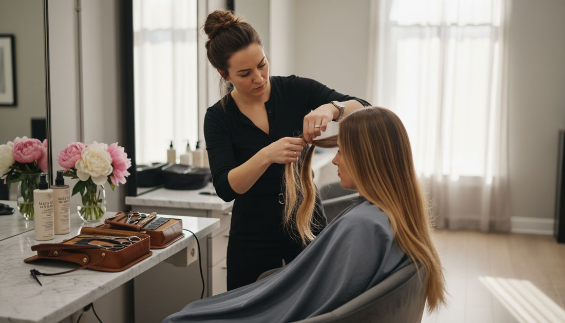 Hairstylist applying luxury extensions in salon