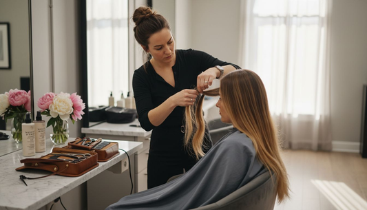 Hairstylist applying luxury extensions in salon