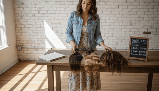 Woman comparing hair extension bundle deals