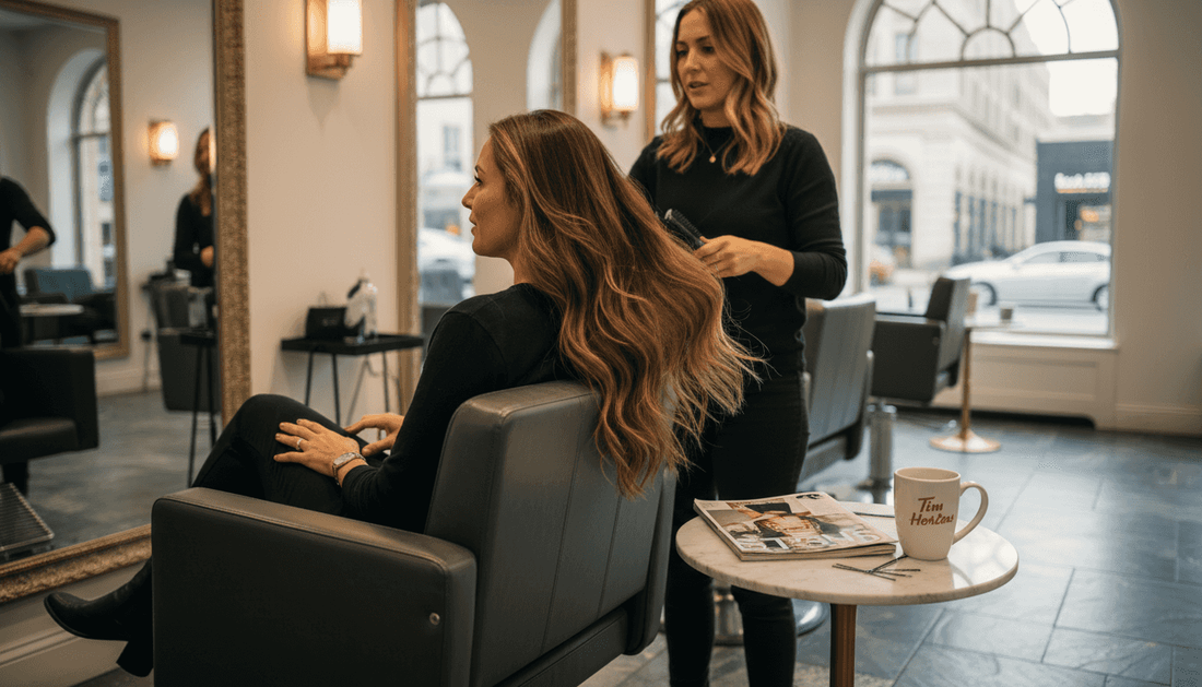 Woman with luxury hair extensions in salon
