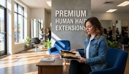 Customer reviewing human hair extensions