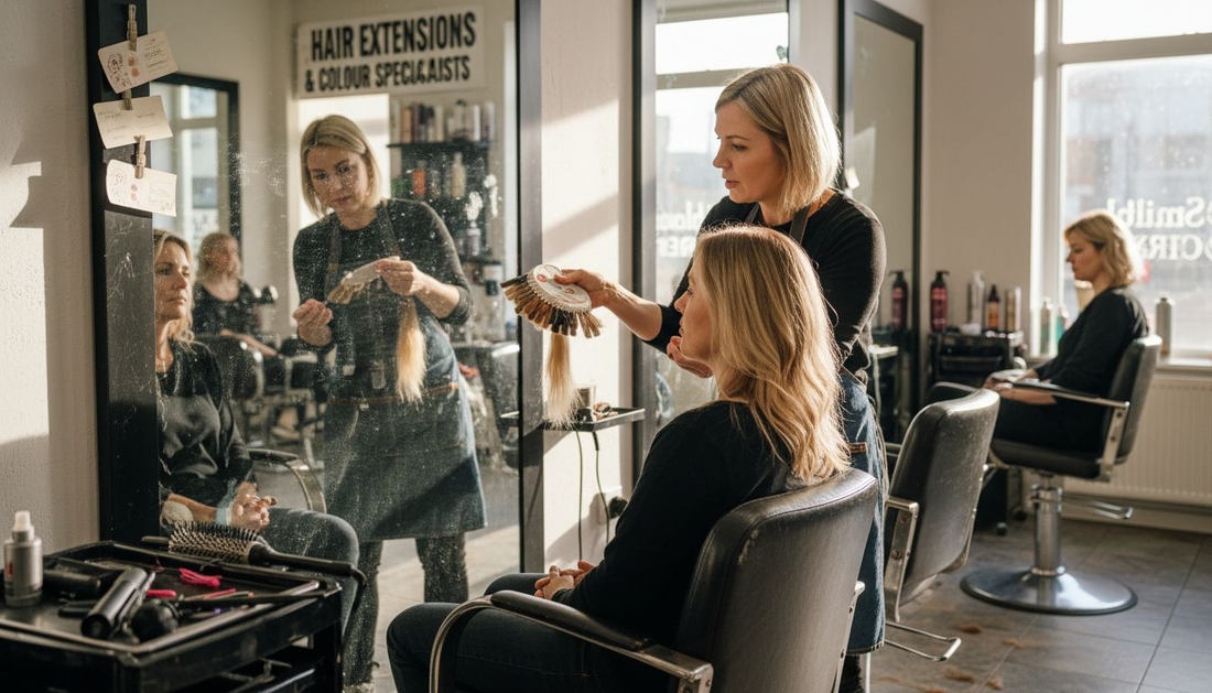 Client consulting stylist about hair extensions