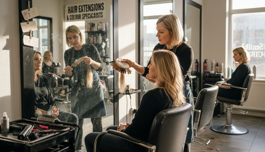 Client consulting stylist about hair extensions