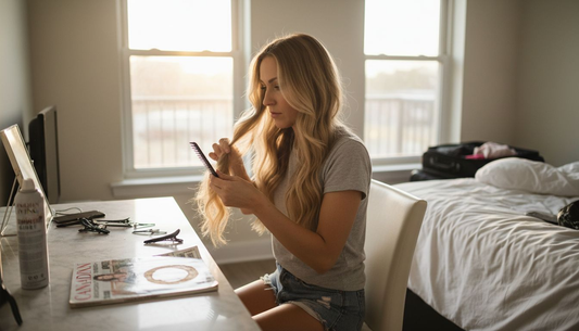 Woman blending hair bundles at vanity