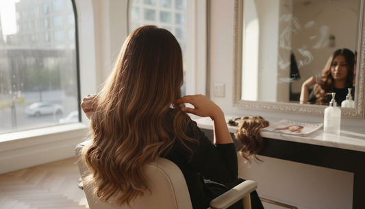 Woman examining luxury Indian hair extensions in salon