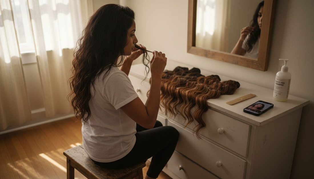 Woman preparing to install Indian hair extensions