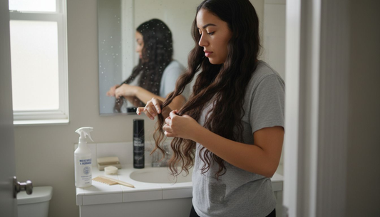 Young woman styles virgin hair extensions