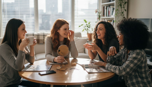 Women displaying different hair textures in living room