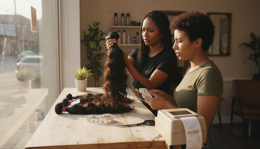 Women comparing raw Indian hair bundles in salon
