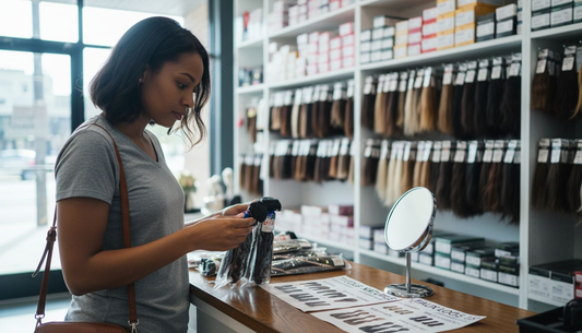 Woman examines hair extension bundles in store