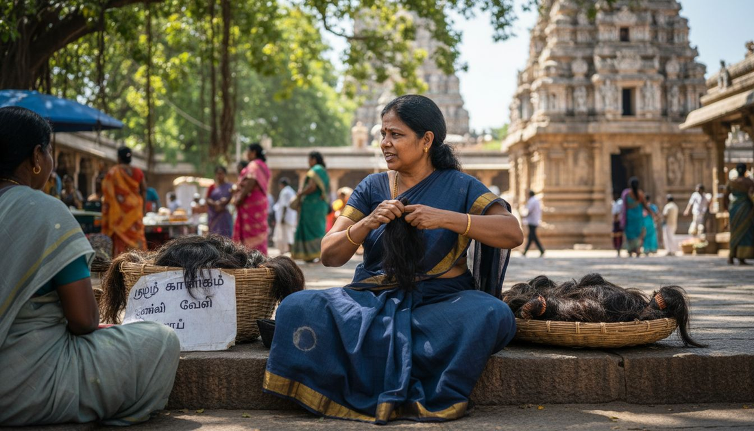 Temple hair donor with baskets and sign onsite