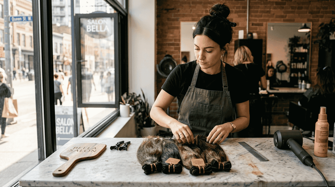 Stylist preparing Remy hair extensions in salon