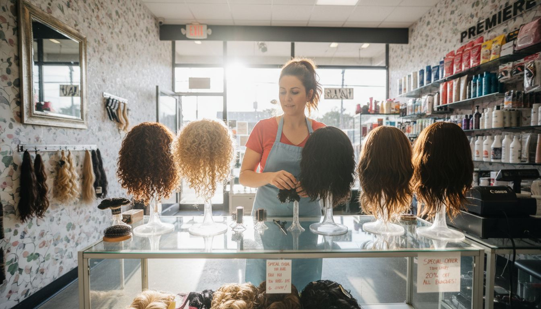 Shop display of wigs and hair bundles