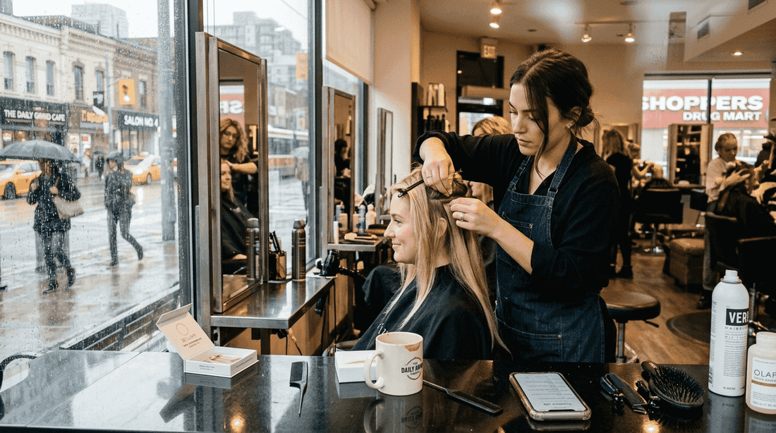 Stylist applying tape-in extensions in busy salon