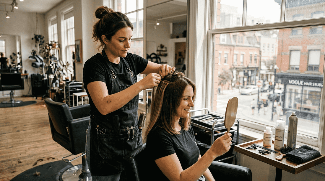 Stylist clipping in hair extensions at salon