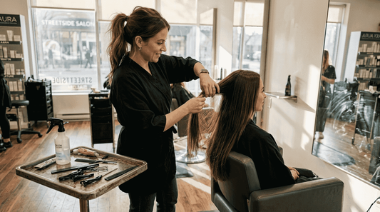 Extension expert checks client’s hair durability in salon