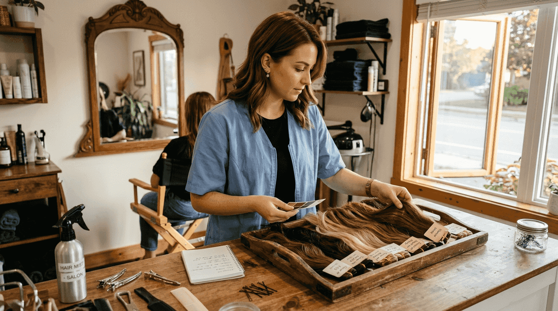 Stylist reviewing hair extensions with client