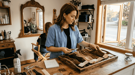 Stylist reviewing hair extensions with client