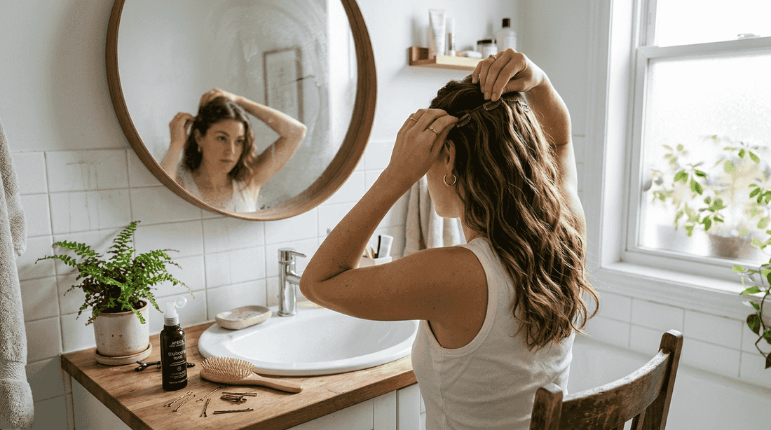 Woman applying wavy extensions in bright bathroom