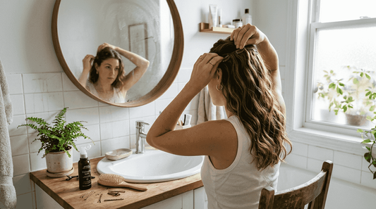 Woman applying wavy extensions in bright bathroom